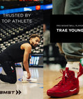 Basketball player kneeling on court wearing white ankle brace, Zamst logo visible.