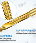 Close-up of Eight Piece Titanium Coated HSS Twist Drill Bits Set With Hex Shank 3mm To 10mm Serrated Cutting, showing sharp edge.