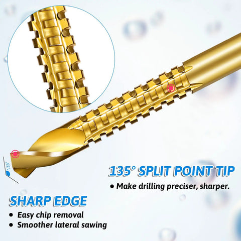 Close-up of Eight Piece Titanium Coated HSS Twist Drill Bits Set With Hex Shank 3mm To 10mm Serrated Cutting, showing sharp edge.