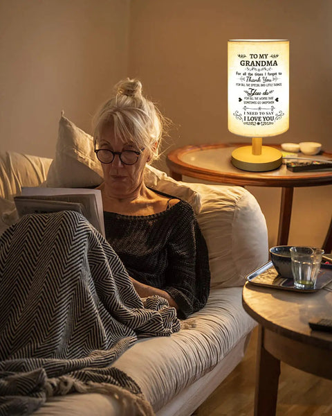 Cozy bedroom with grandma reading near Fabric Night Light Gift For Grandma From Grandkids From Granddaughter And Grandson, heartfelt gift.