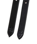 Close-up of Premium English Leather Spur Straps for equestrian riding, 20 inch black, half inch wide tapered ends with size 15 marking.
