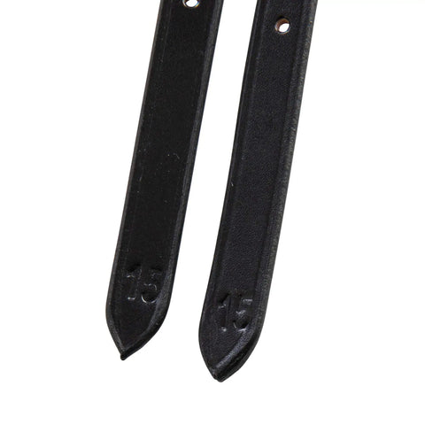 Close-up of Premium English Leather Spur Straps for equestrian riding, 20 inch black, half inch wide tapered ends with size 15 marking.