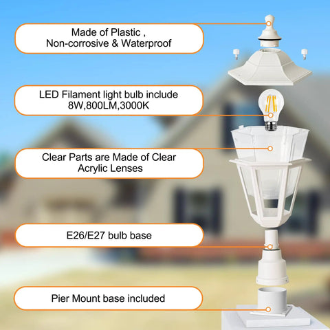 Outdoor Post Light With Pier Mount Base Waterproof White Lamp Post Fixture For Garden Yard Patio And Pathway E26 Socket Exterior Lantern showcasing features and materials.