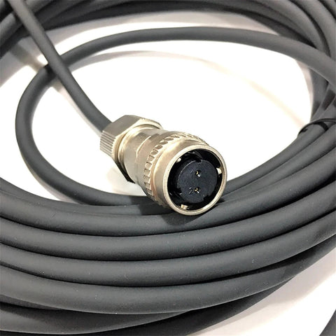 Metal circular screw-lock aviation connector with four-pin black insert on a long black cable.