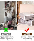 50 Pack Clear Zippered Storage Bags 15x11x4 Inches for organizing clothes and blankets, before and after comparison.