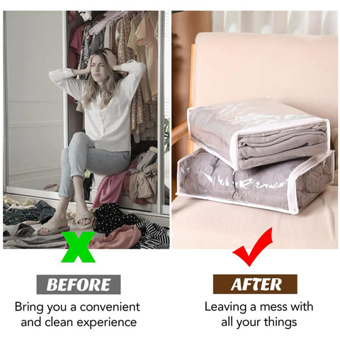 50 Pack Clear Zippered Storage Bags 15x11x4 Inches for organizing clothes and blankets, before and after comparison.