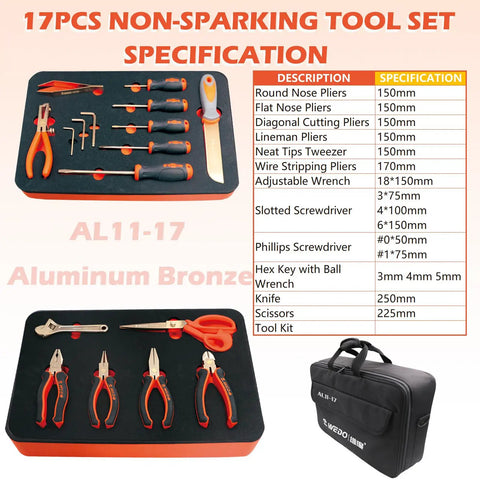 Non-Sparking 17-Piece Tool Set For Pro Grade Electrician Work With Beryllium Copper Construction, case and specifications shown
