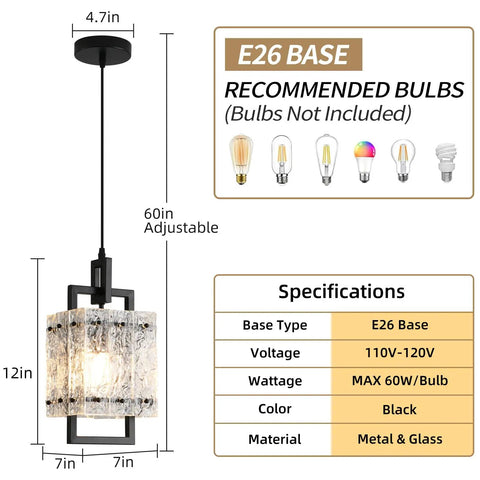 Next Level 2 Pack Matte Black Pendant Lights With Textured Water Ripple Glass For Kitchen Island And Dining Room Square Hanging Fixtures dimensions and specifications image.
