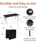 Diagram of Heavy Duty Portable Folding Table 6 Foot showing dimensions, auto-lock, pinch-free button, and fold-in-half design.