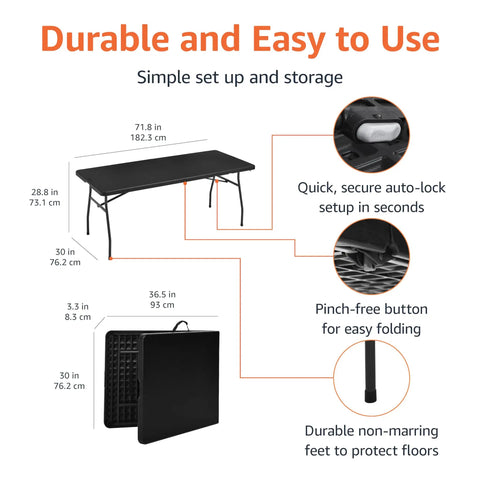 Diagram of Heavy Duty Portable Folding Table 6 Foot showing dimensions, auto-lock, pinch-free button, and fold-in-half design.