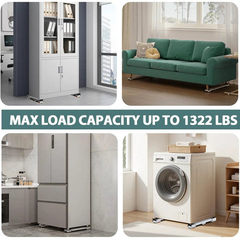 Extendable Appliance Sliders Heavy Duty Anti Slip With Lifter Lever Tool To Move Your Heavy Stuff Washers Dryers Furniture And Refrigerators From 20 To 36 Inches showing max load capacity under furniture and appliances.