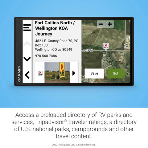 Big 7 Inch RV GPS Navigator With Custom RV Routes showing KOA campground directory and satellite map, renewed.
