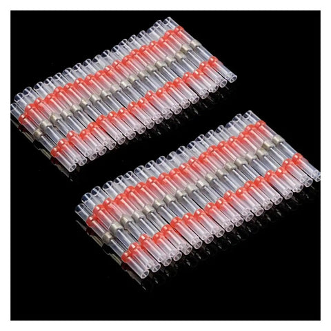 Rock Solid 100 Pack Heat Shrink Soldering Terminals Insulated Butt Connectors Kit For Electrical Wire Repair And Soldered Sleeve Terminals That Make Your Wiring Job Look Sick And Last Forever Without No Problems At All, red clear sleeves