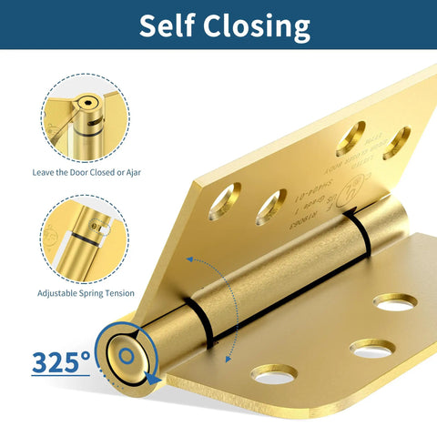 Close-up of Self Closing Door Hinges With Spring Loaded Action, 4 Inch, brushed gold finish, showing spring tension mechanism.