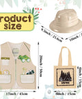 Kids Explorer Costume Set 36 Pcs with plastic explorer hats, vests, and tote bags, showing detailed product sizes and design.