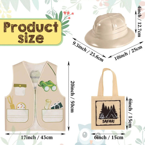 Kids Explorer Costume Set 36 Pcs with plastic explorer hats, vests, and tote bags, showing detailed product sizes and design.