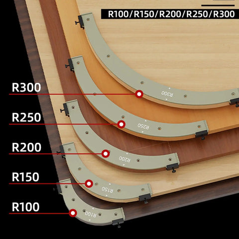 Five Piece Router Corner Radius Template Set With Removable Woodworking Jigs For Smooth Cabinet Edges Plus Sturdy Arc Cutting Guides, showing R100 to R300 templates.