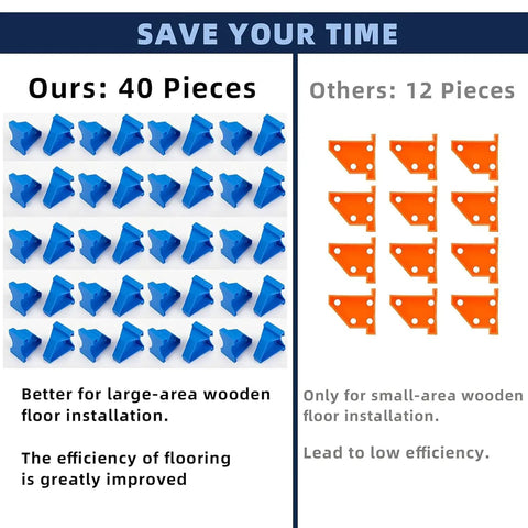 Forty Pack Floor Spacers For Laminate Vinyl Plank Hardwood And Floating Floors With One Quarter Inch And One Half Inch Gap Triangle Design Install Tool comparison with 40 blue spacers against 12 orange spacers.