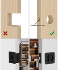Comparison of door latch installs, showing black pocket door lock for sliding doors with privacy latch and rounded corner square hardware.
