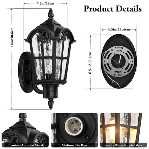 16 Inch 2 Pack Large Motion Sensor Outdoor Wall Lights Dusk To Dawn Porch Lights Wall Mount Vintage Exterior Sconce Lanterns Black