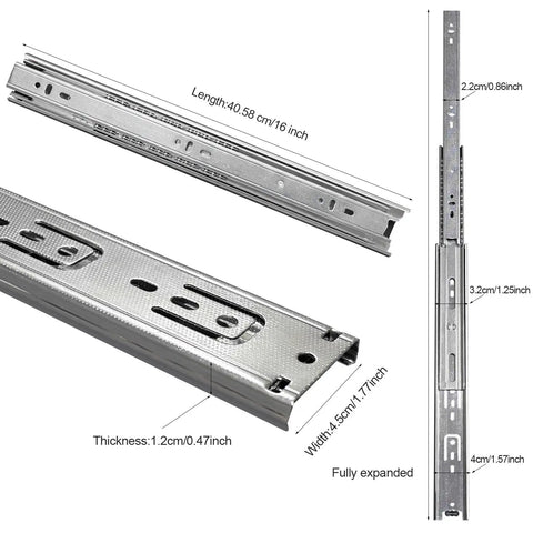 16 Inch Full Extension Drawer Slides With 4 Pairs 8 Pieces Ball Bearing 3 Fold Full Extension Side Mount 100 Lb Capacity Silver Drawer Slides For Cabinets, fully expanded