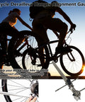 Pro Grade Derailleur Hanger Alignment Gauge For 20 To 29 Inch MTB And Road Bikes shown with cyclists in background.