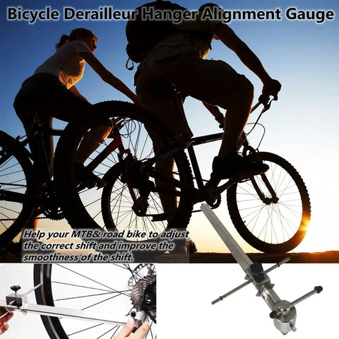 Pro Grade Derailleur Hanger Alignment Gauge For 20 To 29 Inch MTB And Road Bikes shown with cyclists in background.