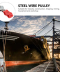 Tough As Nails Five Piece Steel Wire Rope Pulley Set Featuring Rock Solid Industrial Hoisting Blocks with a red pulley on a ship docking.