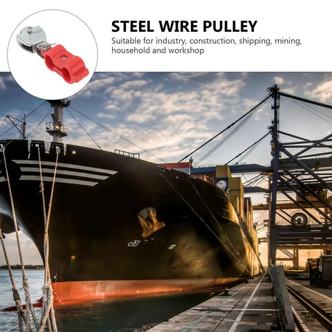 Tough As Nails Five Piece Steel Wire Rope Pulley Set Featuring Rock Solid Industrial Hoisting Blocks with a red pulley on a ship docking.