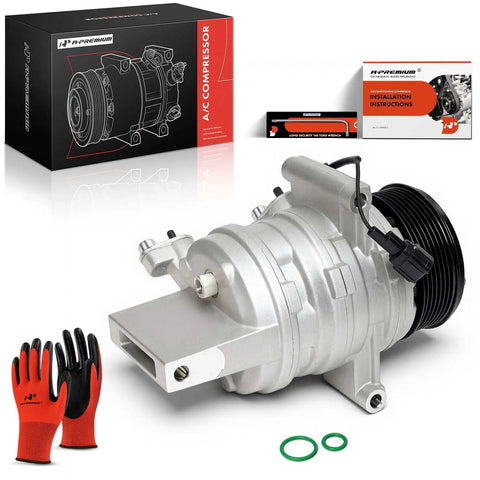 Cr08 AC Compressor With Clutch For Nissan Versa Versa Note Juke 7 Groove Pulley Pag46 OEM Style on display with installation instructions.
