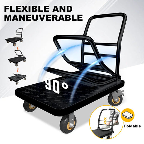Heavy Duty Steel Platform Truck Built Tough Flat Cart Dolly With Wheel Brakes Hauls Heavy Gear Up To Two Thousand Pounds in a flexible design.