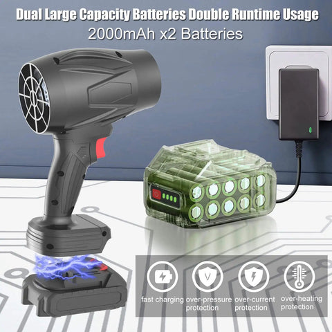 Dual Battery Cordless Leaf Blower With Charger Lightweight Handheld Dust Blower 450000 RPM High Speed Motor pictured with charger