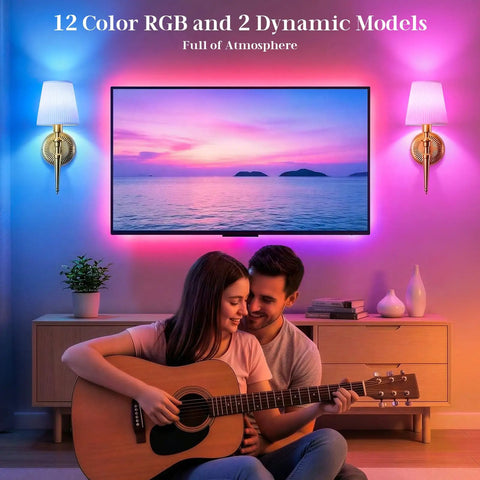 Game Changing Battery Powered Wall Sconces Set Of Two With Smooth Wireless Recharging And 12 RGB Colors Plus 3CCT Dimmable Levels For Ultimate Chill Bedroom Vibes Or Slick Living Room Decor Accents featuring a couple enjoying guitar music, illuminated by wall sconces.