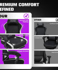 Comparison showing Ergonomic Gaming Chair With Footrest And Lumbar Support Boss Level Comfort with premium padding and armrests.
