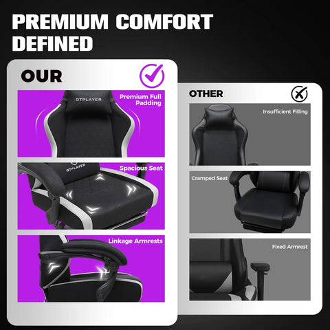 Comparison showing Ergonomic Gaming Chair With Footrest And Lumbar Support Boss Level Comfort with premium padding and armrests.