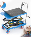 Double Scissor Lift Cart With 50 Inch Lift Height And 330 Lb Capacity, Non Slip Pad, Four PU Wheels, in blue color