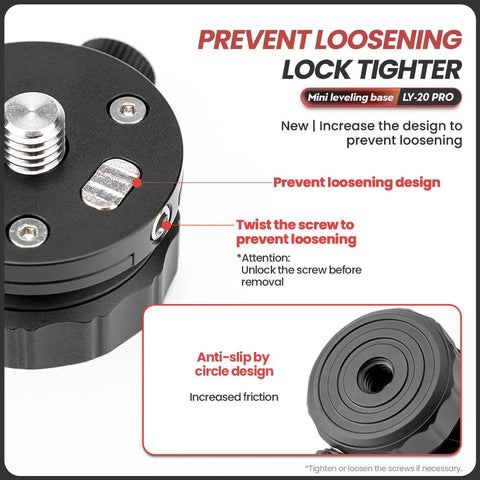 Close-up of the Slick 360 Degree Swivel Tripod Leveling Base showing anti-slip design and lock tighter features.