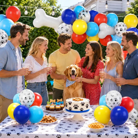 Group celebrating with Pawsome Dog Theme Party Balloons Set 35 Pack 12 Inch Latex Paw Print Balloons In Red Yellow Blue Plus Bone Foil Balloons