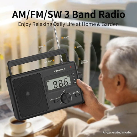 Elderly man holding Go-To Portable AM FM SW Radio With AC DC Power ATS Auto Scan LCD Clock Display USB And SD Card MP3 Player