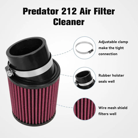 Beefed Up Air Filter Adapter Kit For Predator 212cc 196cc Coleman CT200U BT200X KT196 6.5Hp Clone Engine Mini Bike Go Kart Performance Parts Red Fits Honda Clones showing red air filter with clamp and rubber holster