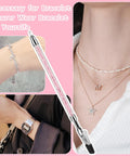 2 In 1 Stainless Steel Bracelet Helper Tool For No Hassle Slip On Wear And Clasp Fastening Jewelry Clasp Helper For Necklaces Watches And Zippers With Rhinestone Handle shown with jewelry in use
