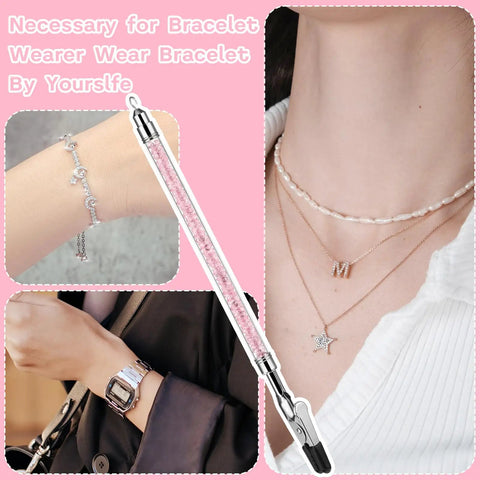 2 In 1 Stainless Steel Bracelet Helper Tool For No Hassle Slip On Wear And Clasp Fastening Jewelry Clasp Helper For Necklaces Watches And Zippers With Rhinestone Handle shown with jewelry in use