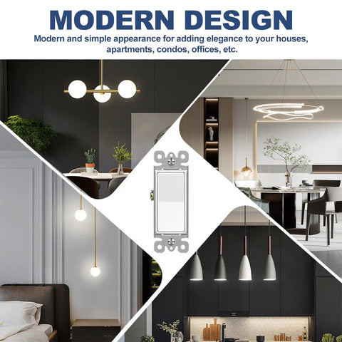 Matte White Decorator Rocker Paddle Light Switch 50 Pack Single Pole 15A 120 To 277V On Off Interrupter UL Listed Scratch Resistant Polycarbonate Housing 10000 Plus Cycle Tested For Residential And Commercial Use installed in a modern interior