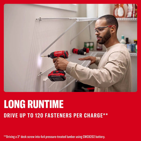 Man using Cordless Quarter Inch Impact Driver Kit With 2Ah Lithium Battery, Charger And PH2 Bit, LED Light, High Torque, Variable Speed Up To 2900 RPM For Fasteners From Deck Screws To Lag Bolts And Quick One Hand Bit Changes on shelf installation
