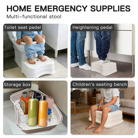 Heck Of A Sturdy Kids Step Stool With Super Grippy Non Slip Feet For Little Ones Reaching The Bathroom Sink Or Finishing Potty Training Without Any Wobbles, shown in various uses including toilet seat and storage.