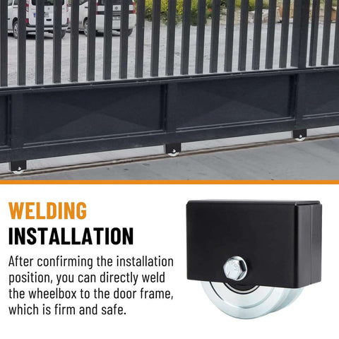 4 Inch V Groove Slide Gate Wheel With Welded Bracket Box For Inverted V Track Systems shown under black gate