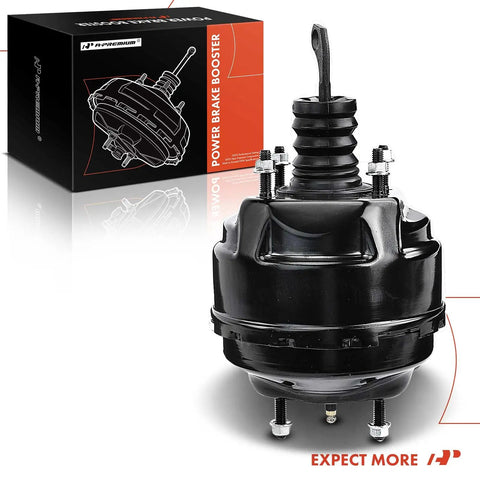 Heavy Duty Vacuum Brake Booster Straight Swap For Classic Ford Mustang Fairmont Granada LTD close-up of black steel shell and fitting.