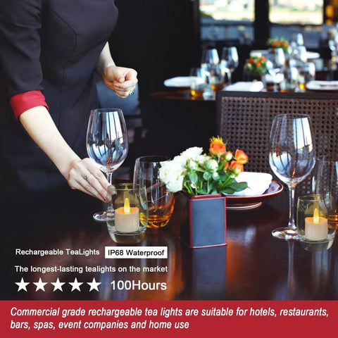 Rechargeable Flameless LED Tea Lights With Remote And Timer Waterproof Battery Operated Votive Candles on dinner table