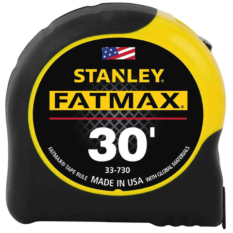 FatMax 30 Foot Tape Measure with durable steel blade, black and yellow casing, pro builders, imperial and metric readouts.