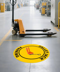 5 Pack Pallet Jack Parking Signs Self Adhesive Vinyl Floor Signs 24 By 24 Inches Anti Slip Waterproof Safety Signage For Warehouse Industry And Workplace displayed on warehouse floor.